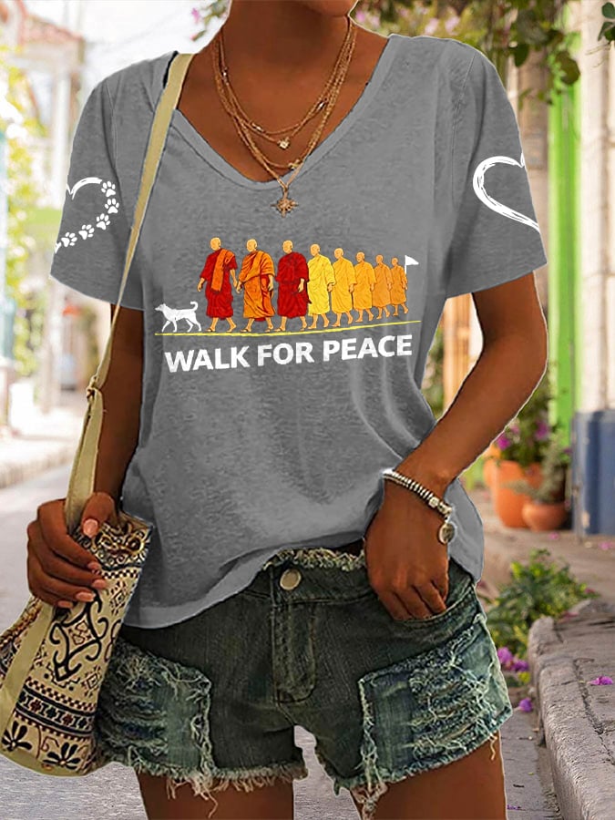 V-Neck Retro Walk For Peace Monks With Aloka Dog Print T-Shirt