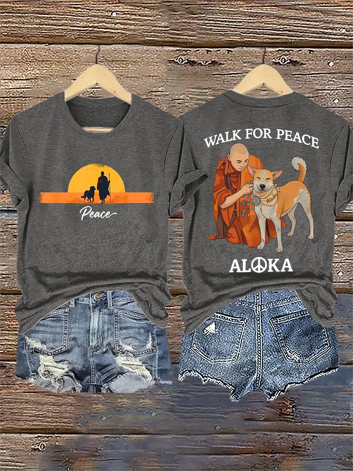 Retro Walk For Peace Monks With Aloka Dog Print T-Shirt