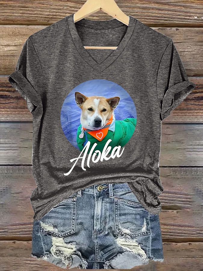 V-Neck Retro Walk For Peace Monks With Aloka Dog Print T-Shirt