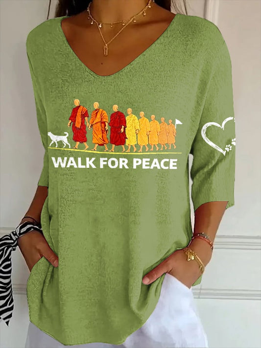 V- Neck Retro Walk For Peace Monks With Aloka Dog Print Shirt