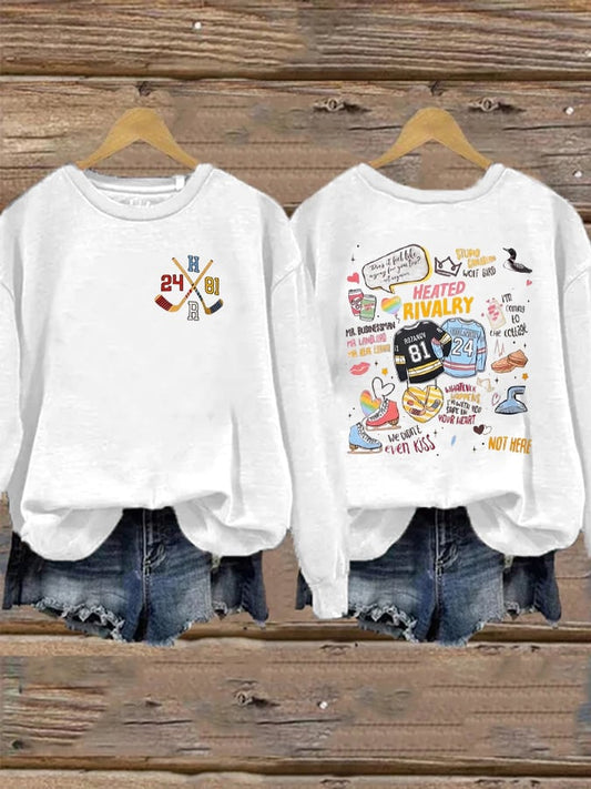 Women's Romantic Ice Hockey Print Long-Sleeved Sweatshirt