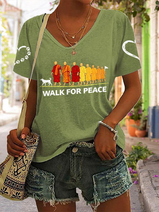 V-Neck Retro Walk For Peace Monks With Aloka Dog Print T-Shirt