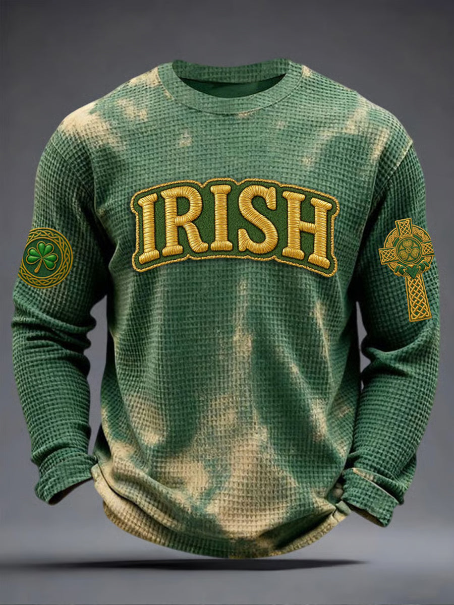 Men's Vintage St. Patrick's Day Shamrock Art Printed Waffle Long Sleeve T-Shirt