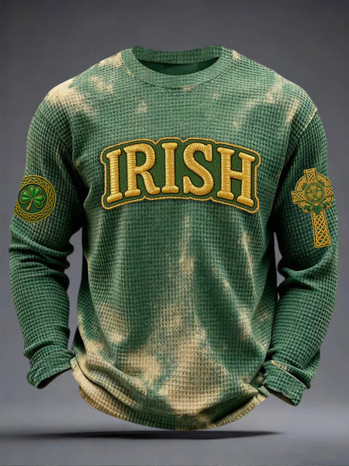 Men's Vintage St. Patrick's Day Shamrock Art Printed Waffle Long Sleeve T-Shirt