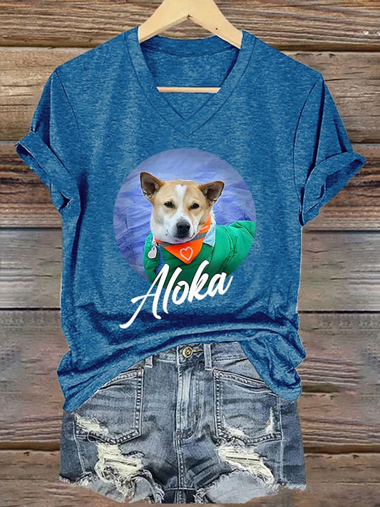 V-Neck Retro Walk For Peace Monks With Aloka Dog Print T-Shirt