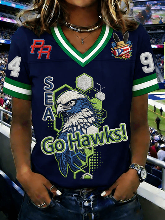 Women's Football Print T-shirt V-neck