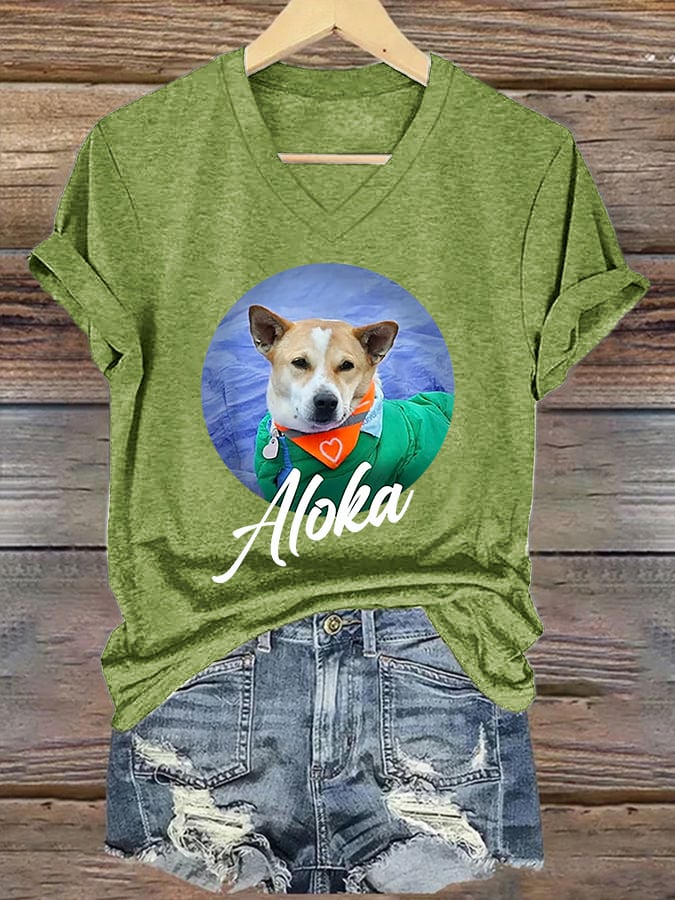 V-Neck Retro Walk For Peace Monks With Aloka Dog Print T-Shirt