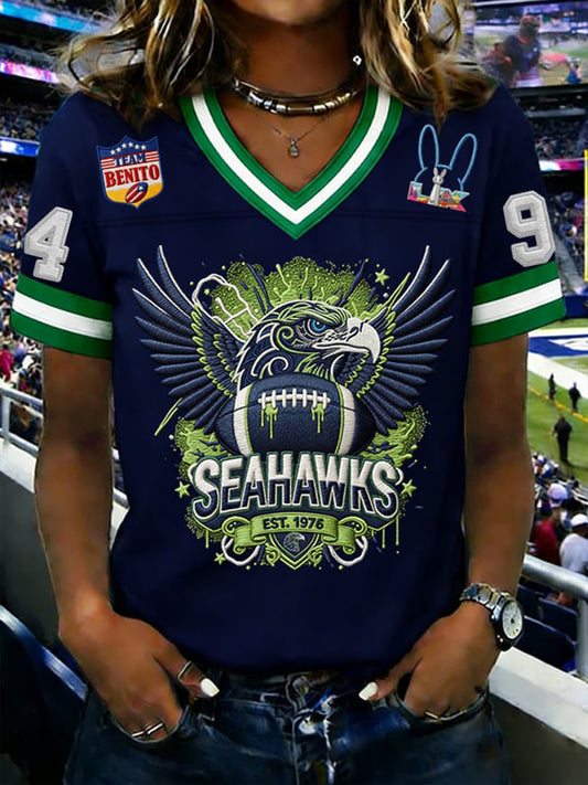 Women's Football Print T-shirt V-neck