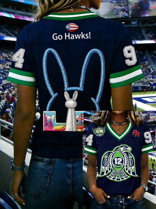 Women's Football Print T-shirt V-neck